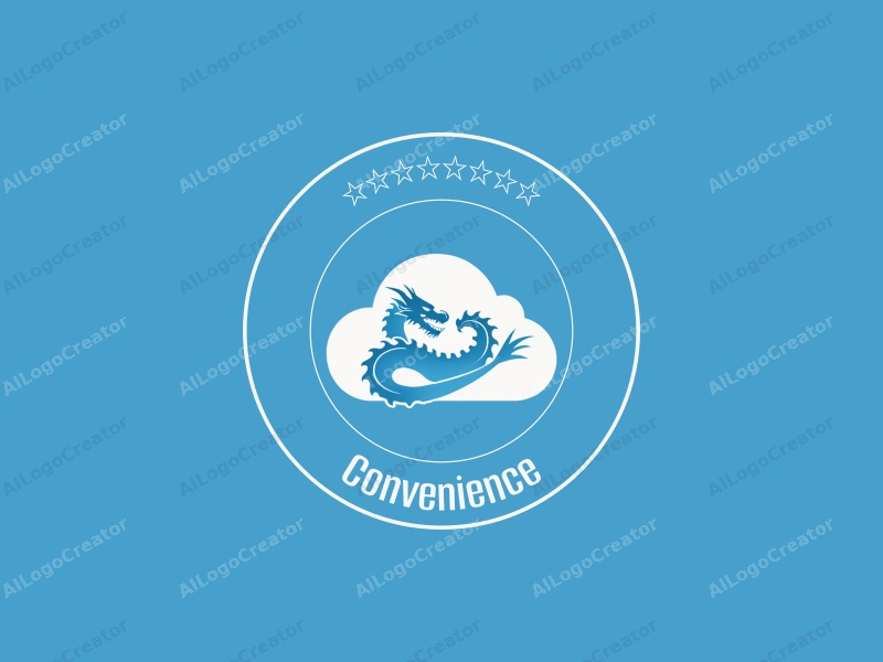 a modern design featuring a stylized cloud and dragon, emphasizing convenience and practicality, combined with a clean blue background.