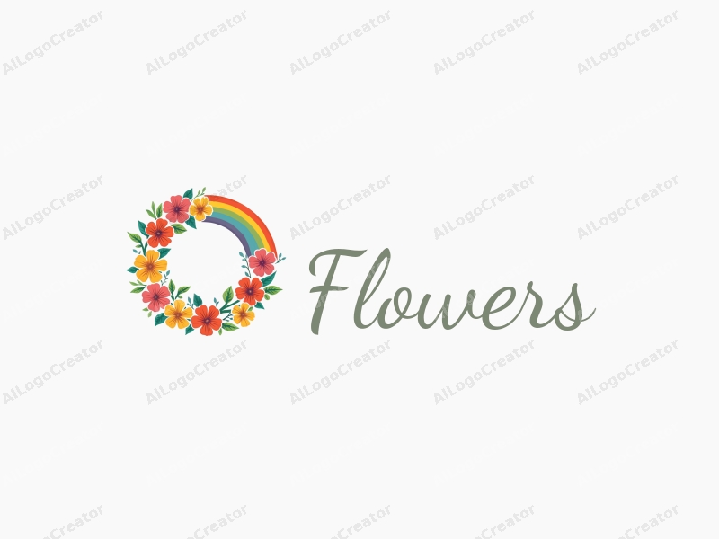 playful design features vibrant flowers and petals arranged in a circular wreath, complemented by a colorful rainbow, combined with a clean background.