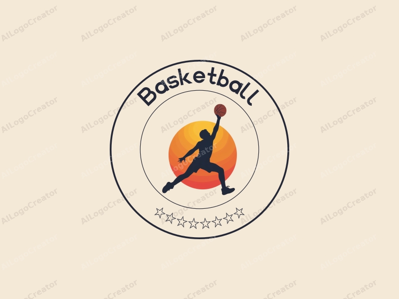 playful design features a dynamic silhouette of an athlete leaping with a basketball, incorporating a vibrant orange color scheme and a clean, energetic background.