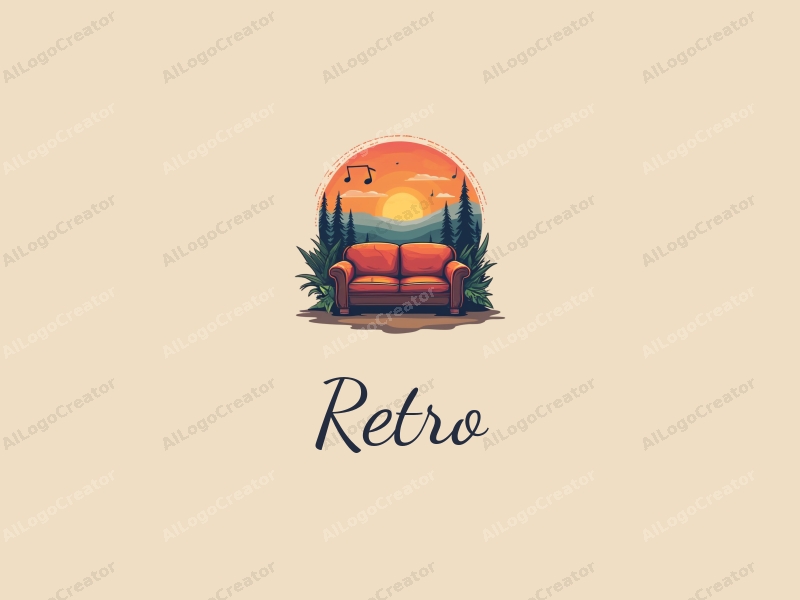 vintage design features a retro sofa and a retro poster, combined with elements of a sunrise and music notes, set against a clean background.