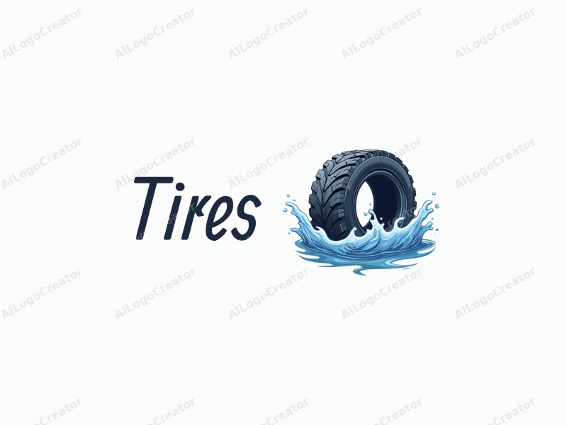 a modern design featuring a stylized tire intertwined with flowing water, emphasizing movement and fluidity, combined with a clean background.