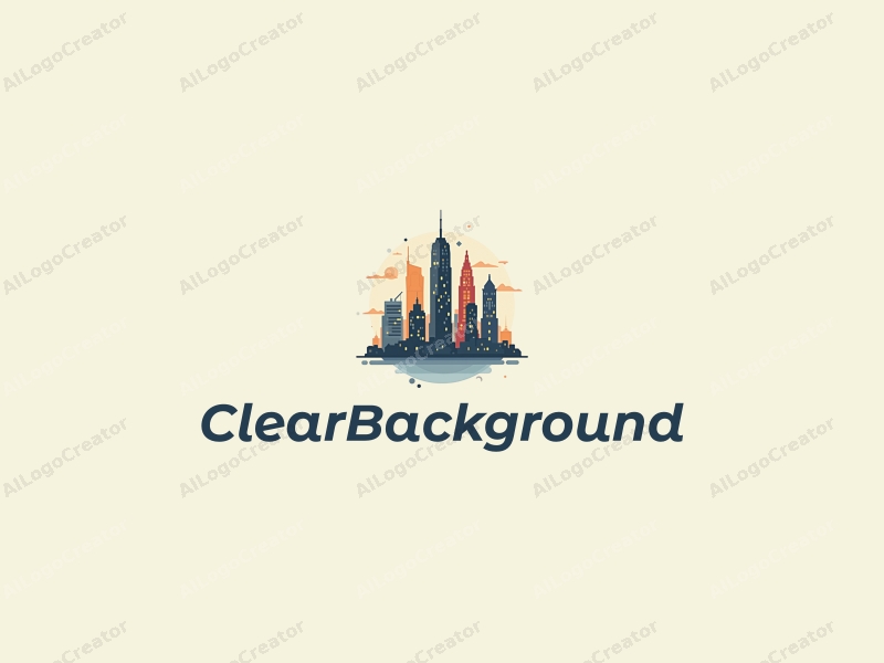 minimalist design features stylized skyscrapers and urban squares, combined with a transparent color palette and a clean background.