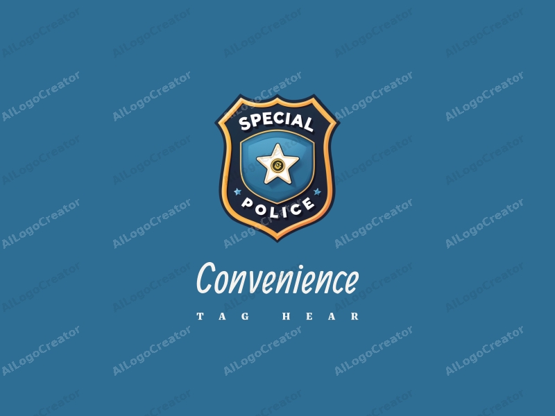 modern design features a stylized badge representing special police, incorporating elements of convenience and practicality, combined with a clean blue background.