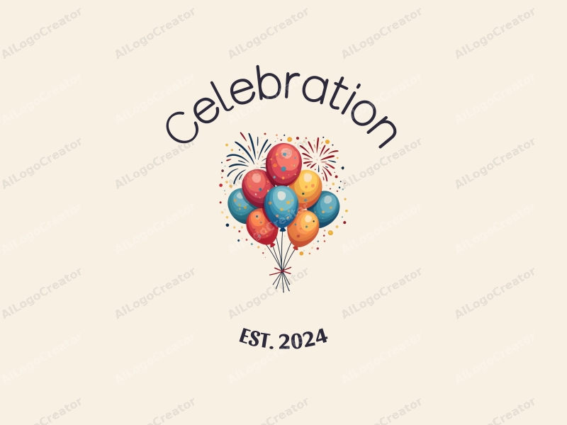 playful design features colorful balloons and vibrant fireworks, combined with a gold accent, creating a festive atmosphere with a clean background.