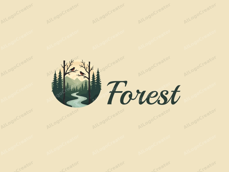 vintage design features a serene forest landscape with stylized trees, small birds perched on branches, and a flowing stream, combined with a clean background.