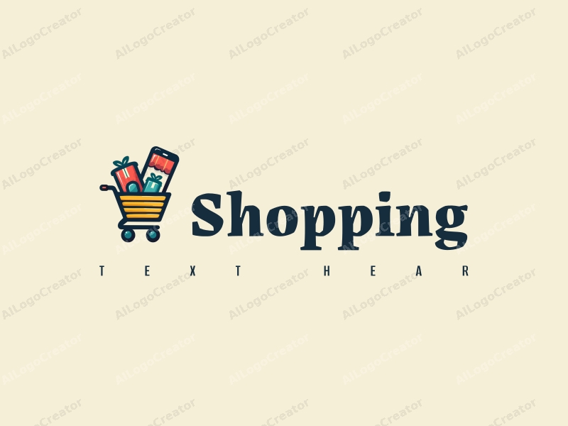 a modern design featuring a colorful shopping cart and a stylized phone, combined with elements of a mall, creating a harmonious and clean composition.