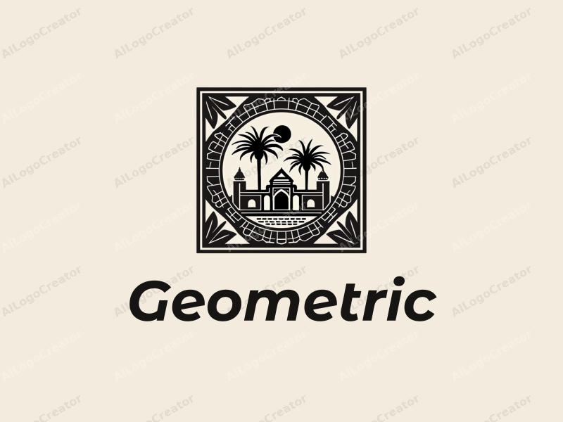 geometric design features a harmonious combination of square and circular shapes, stylized kasbah architecture, and palm trees, all presented in a black and white color scheme with a clean background.