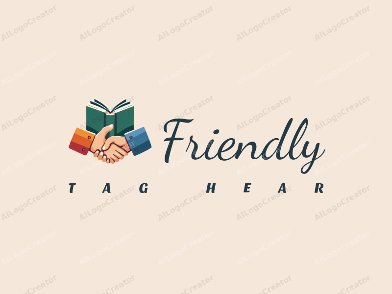 playful design features a stylized book and a handshake, combined with a clean background, emphasizing friendship and community in an educational and social context.