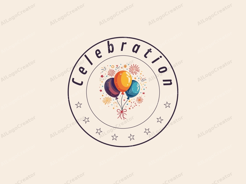 playful design features colorful balloons and vibrant fireworks, combined with a gold accent, creating a festive atmosphere with a clean background.