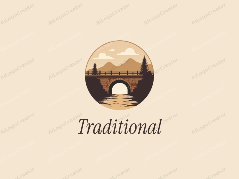 vintage design features traditional craftsmanship elements, a stylized tunnel and skyline silhouette, combined with a clean background in brown and beige tones.