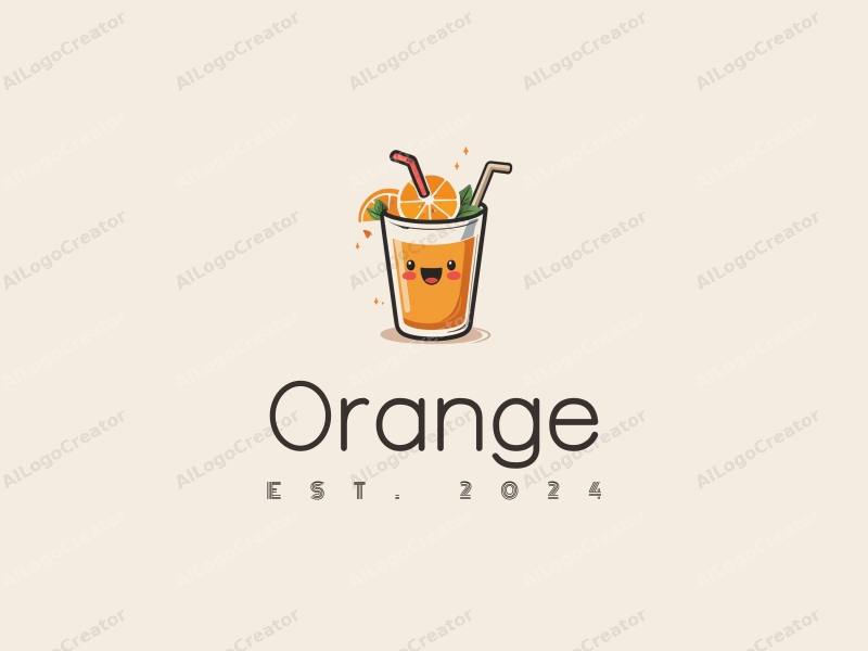 playful design features a vibrant orange, a stylized juice splash, and a cheerful drink cup, combined with a clean background.