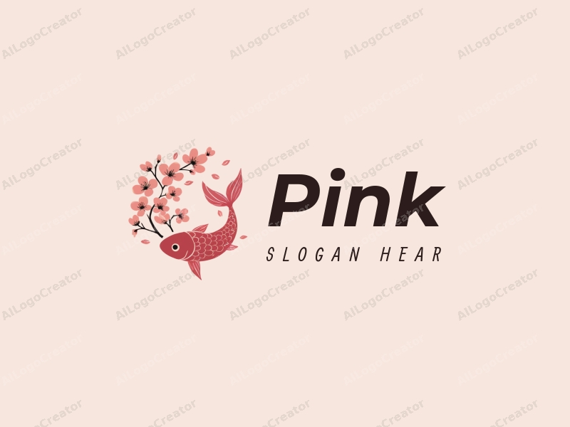 minimalist design features delicate cherry blossoms, soft pink petals, and a stylized fish, combined with a clean background.