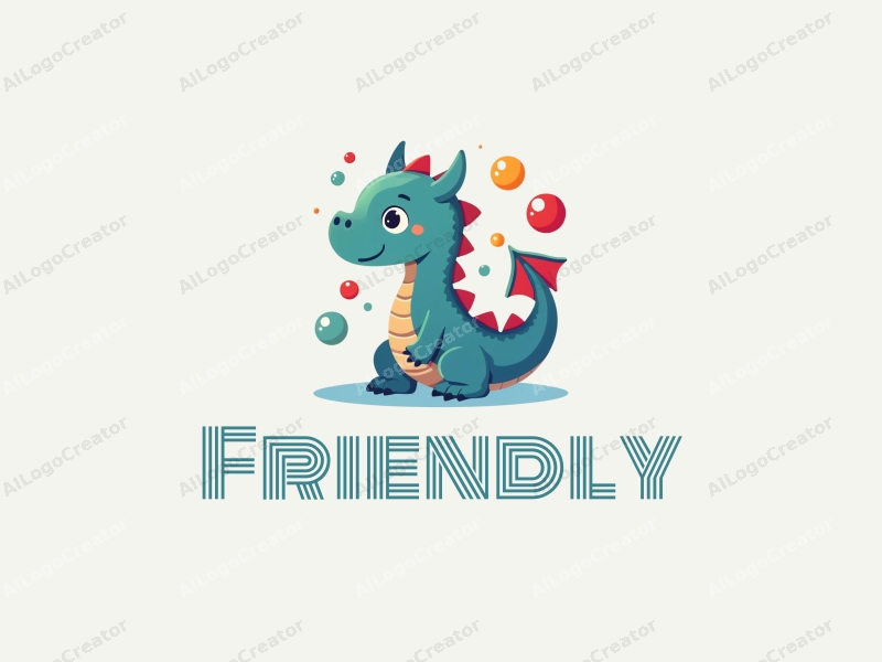 playful design features a friendly dragon surrounded by colorful bubbles, incorporating blue and green tones, with a clean and simple composition.