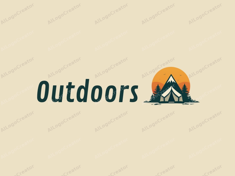 modern design features a stylized camping tent and mountain peak, combined with a clean background and a harmonious composition.