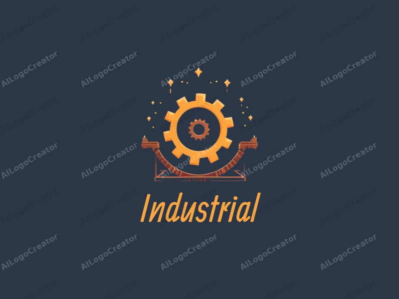 modern design features a stylized factory silhouette, interlocking gears, and a conveyor belt, combined with a clean background.