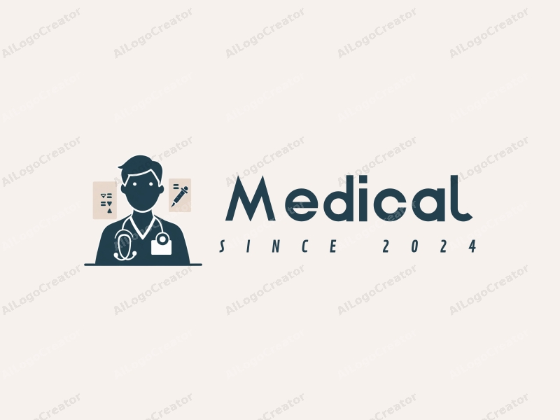 modern design features a stylized hospital silhouette, a doctor figure, a stethoscope, and a syringe, combined with a clean background.