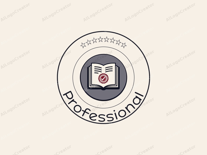 modern design features a stylized book and a certification stamp, combined with a clean background and a professional aesthetic.