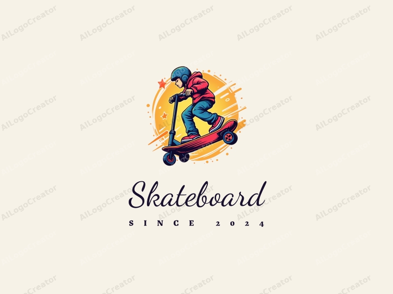 playful design features a vibrant skateboard and scooter in motion, with dynamic flying elements, combined with a clean background.