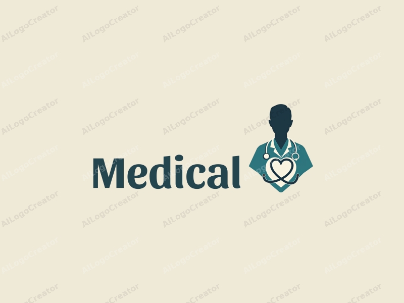 modern design features a stylized hospital silhouette, a doctor figure, a stethoscope intertwined with a heart, combined with a clean background.