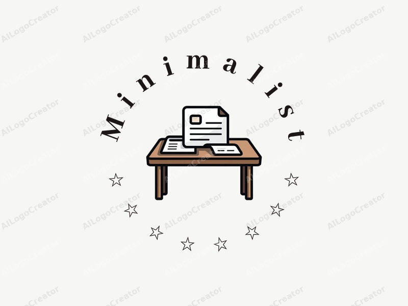 minimalist design features a stylized office desk with sheets of paper, using clean lines and a simple composition against a white background.