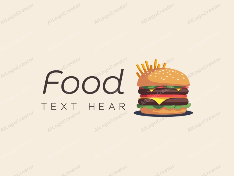 a modern design featuring a stylized burger and fries, with vibrant colors and a clean background, emphasizing the deliciousness of the food in a harmonious and simple composition.