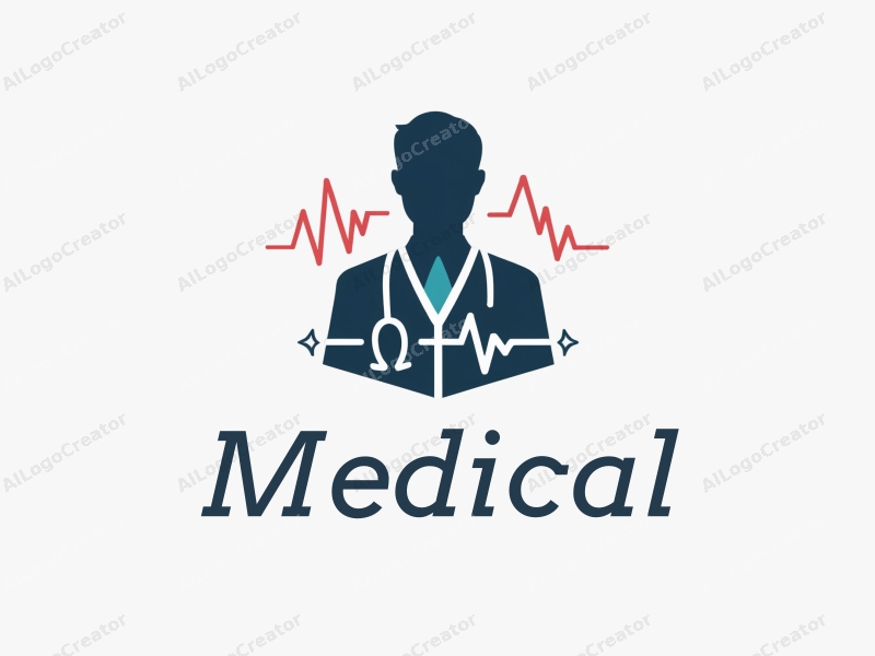 modern design features a stylized hospital silhouette, a doctor figure, a stethoscope intertwined with a heartbeat line, combined with a clean background.