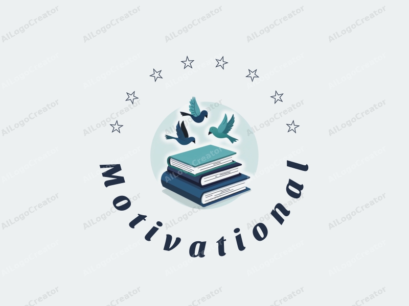 a modern design featuring stylized books and flying birds, symbolizing motivation and inspiration, combined with a clean background in blue and green tones.