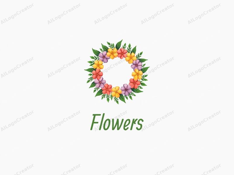 playful design features vibrant flowers and petals arranged in a circular wreath, surrounded by lush green leaves, creating a cheerful and inviting atmosphere with a clean background.