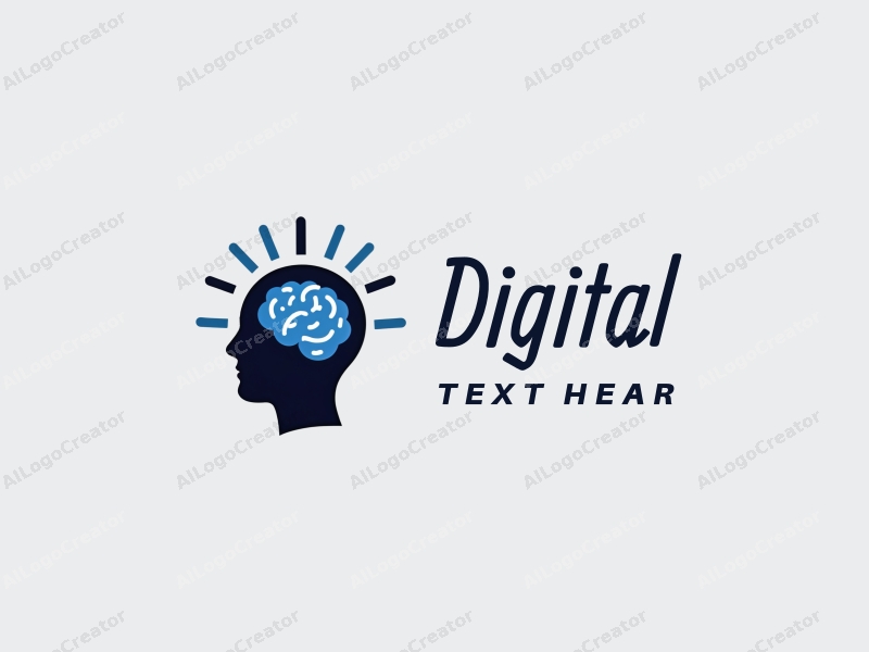 a modern minimalist design featuring a stylized head and brain emitting rays of light, combined with a clean background in blue and black colors.