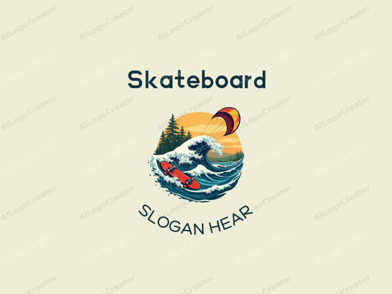 playful design features vibrant skateboards, dynamic surfing waves, and colorful kites, combined with a clean background and a sense of movement.