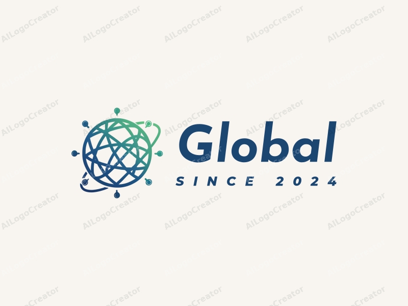 a modern minimalist design featuring a stylized globe interconnected with network lines, using blue and green colors on a clean background.