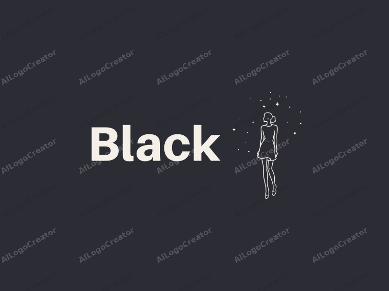 minimalist design features a sleek silhouette of a fashion figure against a night sky, adorned with stars, utilizing a clean and simple outline approach combined with a dark background.