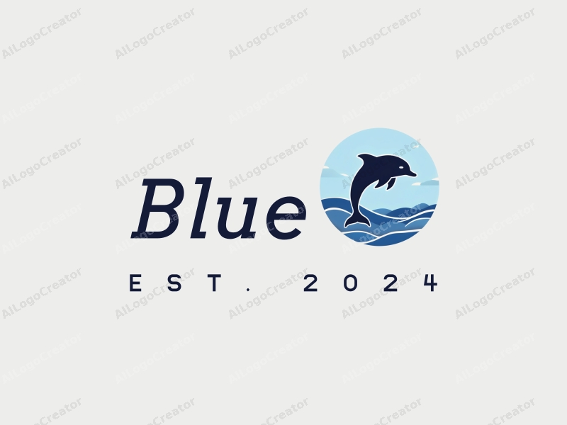 minimalist design features a stylized dolphin leaping through a cloud against a serene blue ocean background, emphasizing simplicity and harmony.