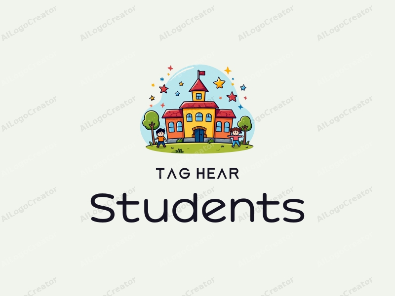 playful design features vibrant colors, stylized representations of students and a school, combined with whimsical stars and children, set against a clean background.