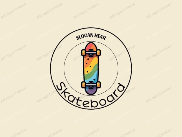 fröhliches Design mit einem stilisierten Skateboard in leuchtenden Regenbogenfarben, kombiniert mit einem sauberen Hintergrund und einfachen Formen.