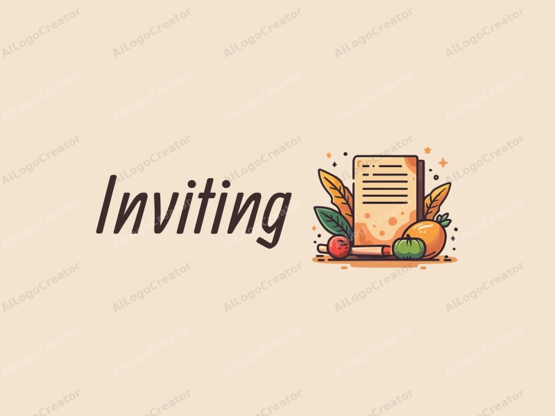 playful design features a stylized invitation card, warm colors, and elements representing food and gatherings, combined with a clean background.