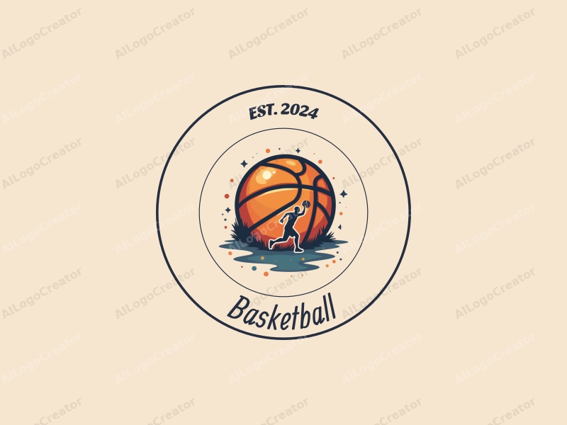 playful design features a stylized basketball, an athlete in motion, and a basketball court background combined with a clean and simple layout.