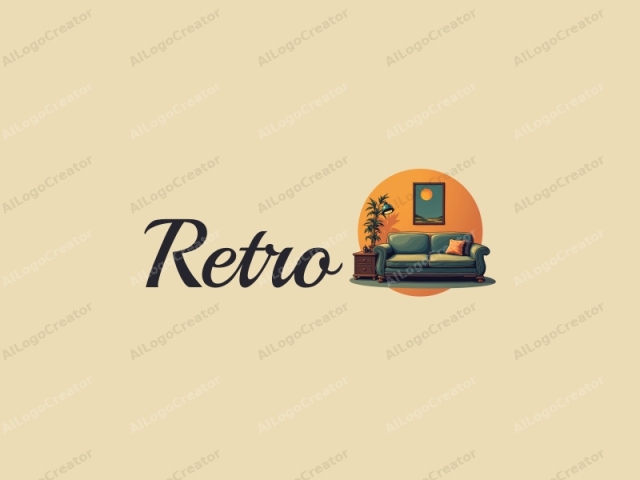 vintage design features a retro sofa, a retro poster, and a flame microphone, combined with a clean background and harmonious composition.