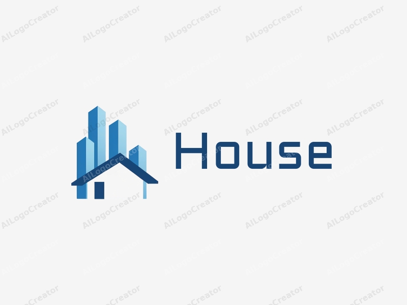 modern design features a stylized house and skyscraper silhouette, incorporating clean lines and geometric shapes with a blue color palette against a simple background.