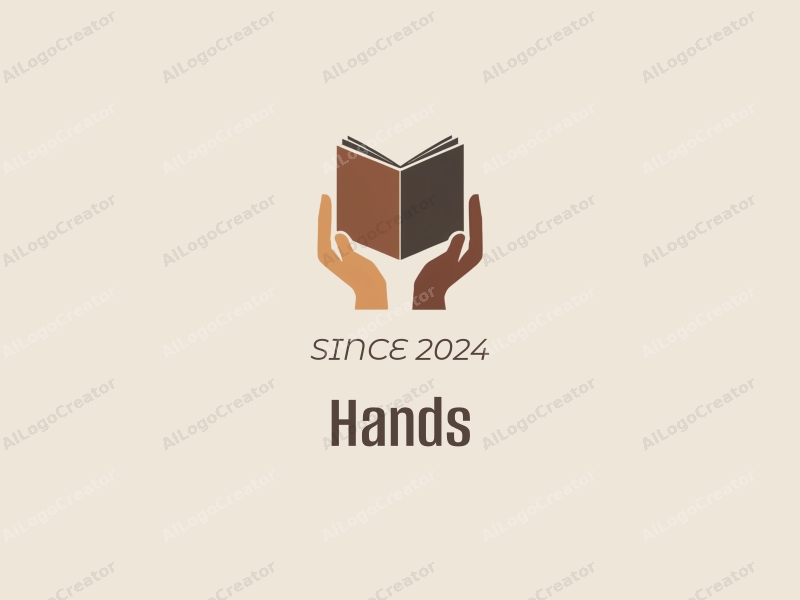 a modern design featuring a hand holding a book, combined with another hand, all in skin tone colors, set against a clean background.