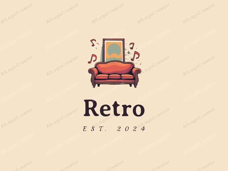 vintage design features a retro sofa and a retro poster, combined with musical notes and waveform elements, set against a clean background.