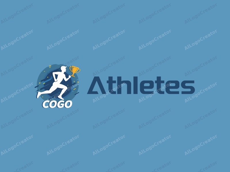 modern design features a stylized runner in motion, a trophy symbolizing victory, and a clean background with blue accents.