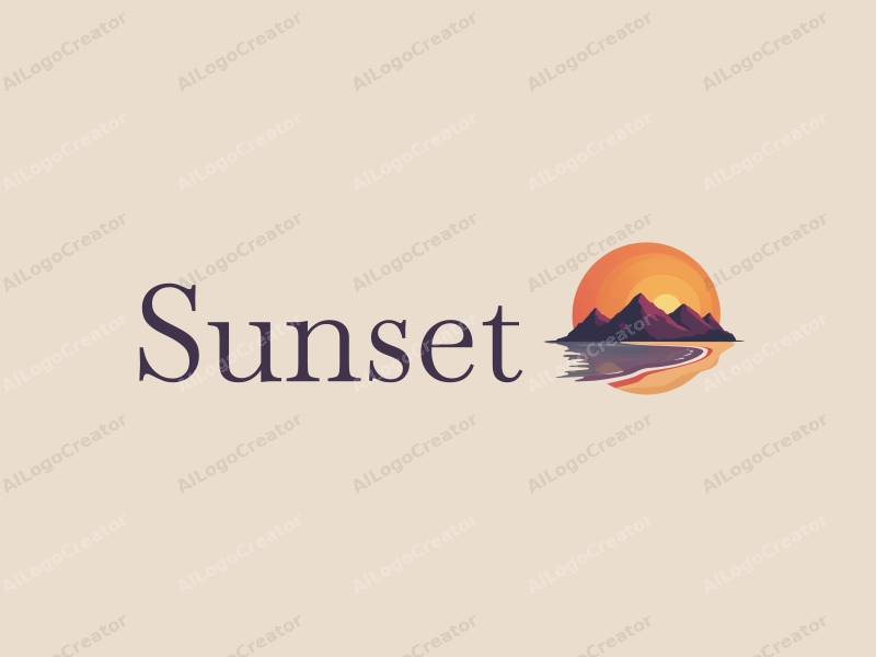 vintage design features a stylized sunset over a beach with mountains in the background, using a harmonious blend of orange and purple colors, combined with a clean and simple layout.