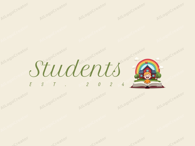 playful design features a cheerful student character, a stylized school building, an open book, and a vibrant rainbow, combined with a clean background.