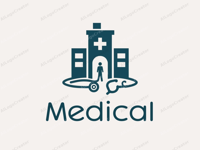 modern design features a stylized hospital silhouette, a doctor figure, a wave element, and a stethoscope, combined with a clean background.