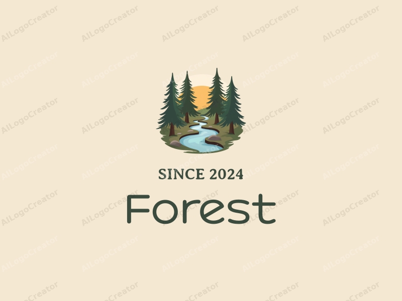 vintage design features stylized trees and leaves, a small stream flowing through a forest, combined with a clean background.