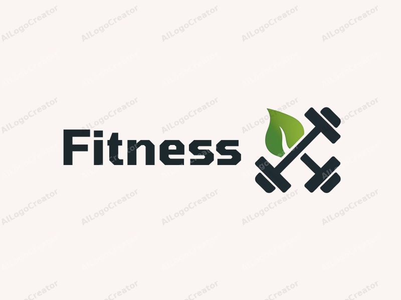 a modern design featuring a stylized dumbbell intertwined with a leaf, emphasizing fitness and movement, combined with a clean background.