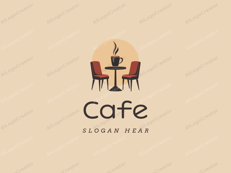 vintage design features a stylized coffee cup, retro table, and chairs, combined with a clean background.