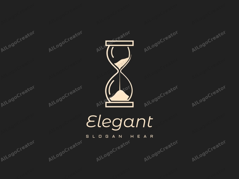 modern design features an elegant hourglass symbolizing time and space, combined with refined lines and shapes, set against a clean black background.