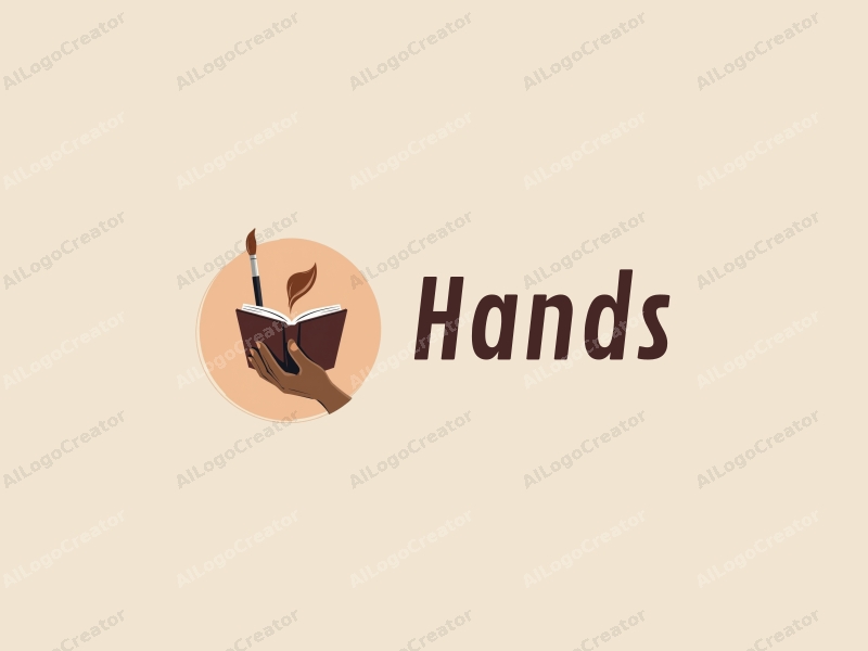 a modern design featuring a hand holding a book and a paintbrush, with a skin tone color palette, combined with a clean background.